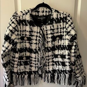 Adrienne Landau Monochrome Checkered Fringe Jacket